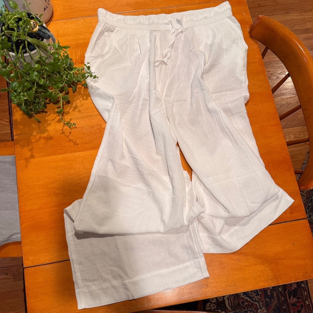 GapBody White Linen Blend Lounge Pants | Drawstring Waist | Size L NWT